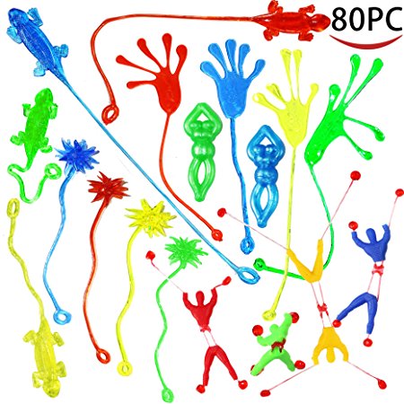 Joyin Toy 80 Pieces Vinyl Stretchy Sticky Toy Assortment Including 16 Large Sticky Hands (2.75 Inches), 16 Wall Climber Men, 16 Sticky Hammers, 16 Sticky Snakes and 16 Stretchy Flying Frogs.