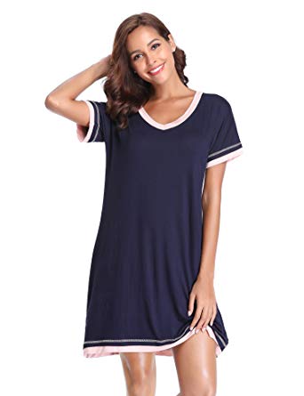 Lusofie Nightgowns Womens V Neck Sleepwear Short Sleeve Nightshirts Soft Loungewear