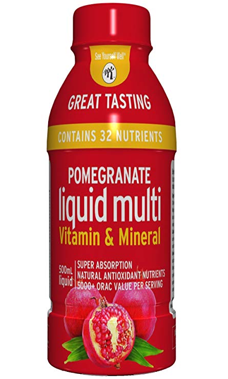 Pomegranate Liquid Multivitamins: Vitamins A B C D E, and Mineral Supplement. Superfood - Super Absorption. Natural Antioxidant. 1 oz Equals 8 oz of Pomegranate Juice. No Sugar Added. Vegan. Non-GMO. Gluten Free. 0 Fat.