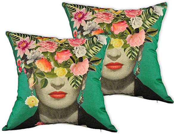 Mulzeart Set of 2,Decorative Throw Pillow Covers for Couch,Sofa,Bed,Frida Kahlo with Floral & Bird Throw Pillow Case,Cushion Cover Linen/Cotton 18 x 18inch