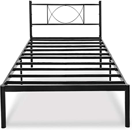 HAAGEEP Twin Bed Frame with Headboard Storage No Box Spring Needed Metal Platform Single Size Bedframe Foundation 14 Inch High