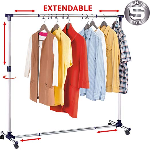 Tatkraft New York Extendable Clothes Rail Coat Rail Stainless Steel, Strong Base, Clothes Rail with Wheels, Extendable Space 86-143(L) X 44(W) X 100-165(H) cm