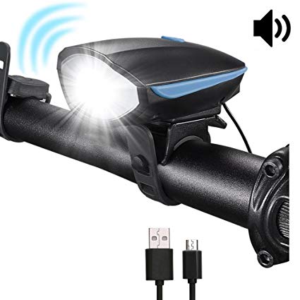 Bike Horn Light, Waterproof Bicycle Headlight with Super Loud Bike Horn 120 DB 3 Lighting Modes, 5 Horn Modes Rechargeable USB Bicycle Light Horn For Night Riding (Blue 1)