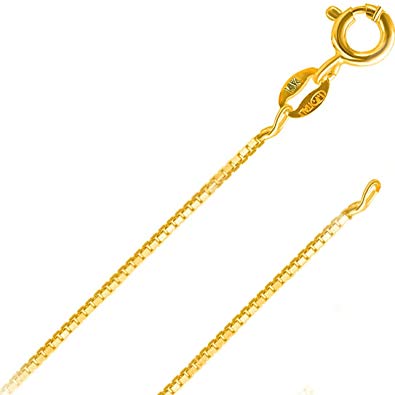 14K Solid Gold Italian Diamond Cut Box Chain Yellow and White 0.5 MM 0.9 MM 1.1 MM and 1.2 MM Necklace with Lobster Claw Clasp - FREE Gift w/Order