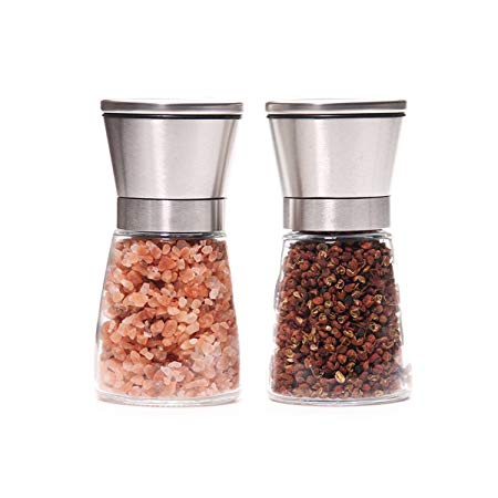 YSBER Salt and Pepper Grinder Set - Pepper Mills Adjustable Coarseness Salt Stainless Steel Glass Body Shakers for Kitchen Accessories(Set of 2) (Sliver)