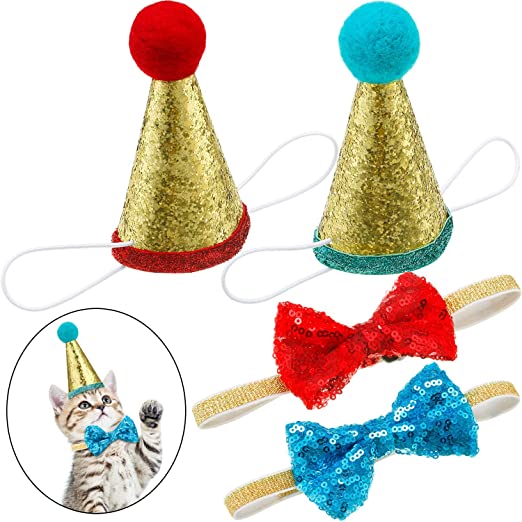 SATINIOR 4 Pieces Pet Birthday Hat and Bowtie Cute Reusable Dog Cat Headwear Adjustable and Collar Dog Headband Topper for Cat and Small Medium Dogs (Blue and Red, Style B)