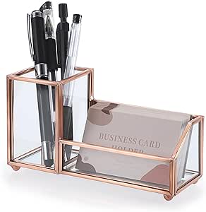 Hipiwe Glass Business Card Holder Stand Metal Pen Pencil Storage Holder for Desk Clear Business Card Display Organizer Case for Office Home Desktop,Rose Gold