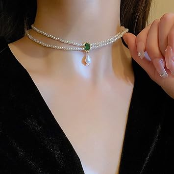 fxmimior 2Tier Women Bridal Vintage 1920s Layered Green Crystals Pearl Shiny Choker Necklace Fashion Gold Simple Necklaces for Women and Girls