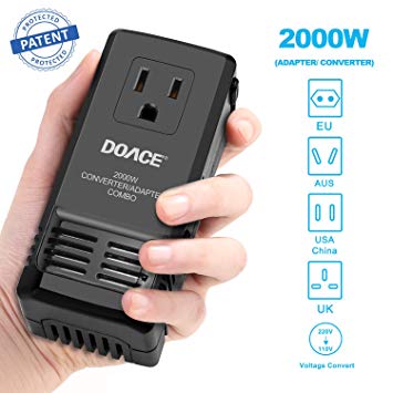 DOACE 2000W Power Transformer, Travel Adapter and Converter Combo, Set Down 220V to 110V for Hair Dryer, with International EU/UK/AU/US Adapter Plugs for Over 150 Countries(Patent Protected)