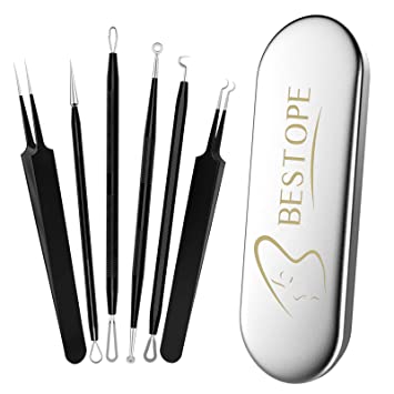 BESTOPE Blackhead Remover Pimple Popper Tool Kit 6Pcs Blackhead Extractor Tool Blackhead Tweezer Comedone Extractor Zit Popper Acne Whitehead Extraction Tool for Nose Face with Metal Case