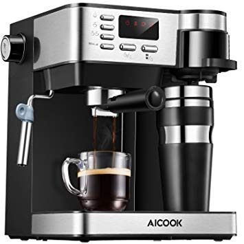 AICOOK LN6827, 3 in 1 Combination 15 Bar Espresso Machine and Single Serve Maker with Coffee Mug, Milk Frother for Cappuccino and Latte, Black