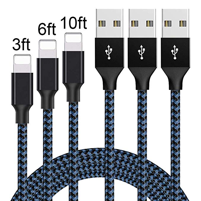 iPhone Charger, Mfi Certified Lightning Cables 3Pack 3Ft 6Ft 10Ft to USB Syncing Data and Nylon Braided Cord Charger for iPhone XS/Max/XR/X/8/8Plus/7/7Plus/6S/Plus/SE/iPad and More
