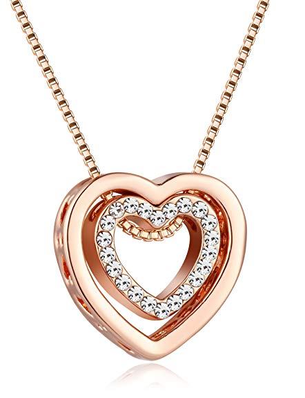 Murtoo "Always in My Heart Necklace with Rose Gold Plated Double Heart Pendant Necklace with Swarovski Crystals Decorated
