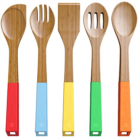 Vremi Bamboo Wooden Spoons and Cooking Utensils - 5 Piece Antimicrobial Kitchen Basics Set with Spatula Forked Serving and Mixing Spoon - Colorful Silicone Handles and Hanging Holes (Patent Pending)