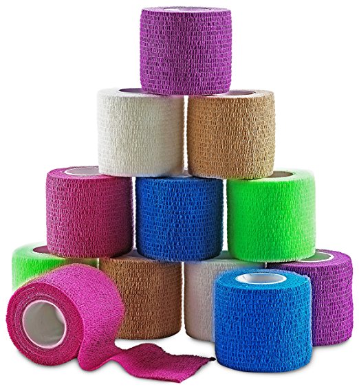 MEDca Self Adherent Cohesive Wrap Bandages 2 Inches X 5 Yards 12 Count with Strong Elastic and Colorful First Aid Tape for Sprain Swelling and Sorenes (Rainbow Color)