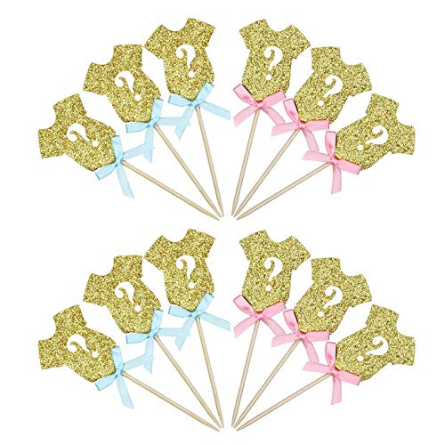 Gender Reveal Cake Topper 36-Pack Boy or Girl Reveal Cupcake Decor Gold Glitter Cupcake Toppers for Baby Shower Birthday Party Cake Decorations Supplies, Pink & Blue Bow Ribbon