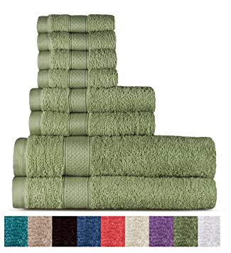 100% Cotton 8 Piece Towel Set (Sage); 2 Bath Towels, 2 Hand Towels and 4 Washcloths, Machine Washable, Super Soft by WELHOME