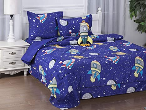 GorgeousHomeLinen 6-8PC Twin/Full Complete Bed in A Bag Comforter Bedding Set with Furry Friend and Matching Sheet Set for Kids (Space Sky Rockets, Twin)