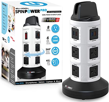 Spin Power Deluxe by Bell Howell 360 Degrees Swivel Design, Surge Protector Electric, Charging Station – Comes with 8 Outlets 6 USB Ports with 45" Retractable Cord Built-in Phone Holder As Seen On TV