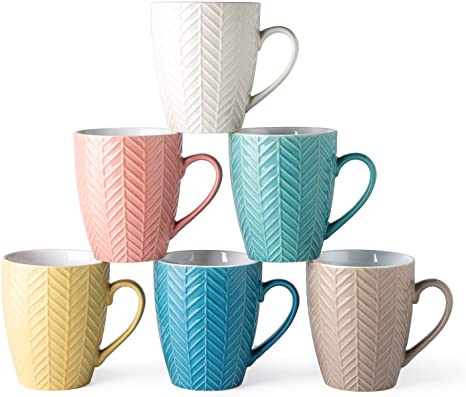 AmorArc Large Colorful Coffee Mugs Set of 6, 18oz Ceramic Coffee Mugs Sets with Embossed Pine Needle Patterns for Any Kitchen, Gift for Women Men Mom Dad, Dishwasher & Microwave Safe, Multi-color