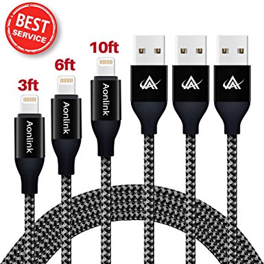 Aonlink iPhone Cable, 3Pack 3FT 6FT 10FT Nylon Braided Lightning to USB iPhone Charger Cord with Aluminum Connector for iPhone 7/7 Plus/6s/6s Plus/6/6Plus/5s/5c/5, iPad/iPod Models-Silver black