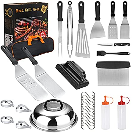 HTECHY Griddle Accessories, 30PCS Flat Top Grilling Accessories Kit with Spatula, Basting Cover, Scraper, Bottle, Tongs, Egg Rings & Carry Bag, BBQ Accessories Grill for Men Women Outdoor Camping
