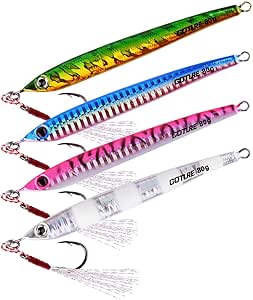 Goture Fishing Jigs Saltwater 60g-200g with Assist Hook, Glow Vertical Jigs, Speed Fast Lead Jig Sea Fishing Jigging Spoon Lures for Tuna, Salmon, Sailfish, Striped bass, Grouper Snapper, Kingfish