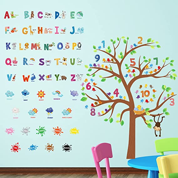 4 Sheets Animal Alphabet and Numbers Tree Wall Sticker Color Weather Learning Wall Decal Kids Educational Wall Sticker Removable Peel and Stick Wall Decal for Kids Bedroom Nursery Playroom Decoration