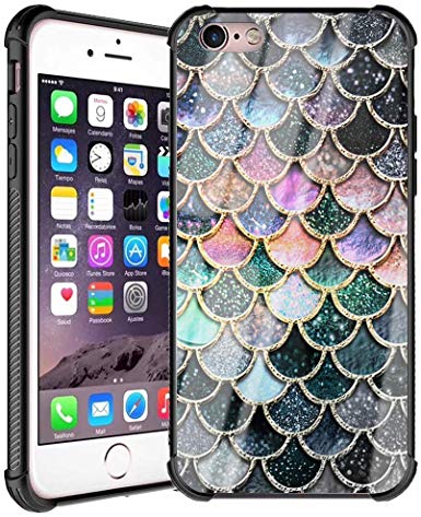 iPhone 6s Plus Case, iPhone 6s Plus Case for Girl Women Design Colorful Mermaid Scale Pattern Slim Fit Tempered Glas Back Cover with Soft Silicone Shockproof Bumper Case for iPhone 6/6s Plus 5.5 inch