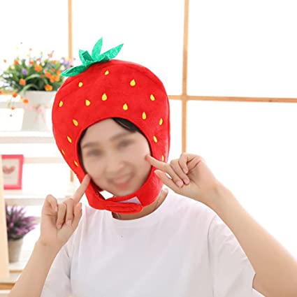 Cute Plush Hat Funny Novelty Plush Animal Fruit Hat Mask Cap Photo Props Dress Up Hat Cosplay Halloween Party Costume Headgear (Strawberry)