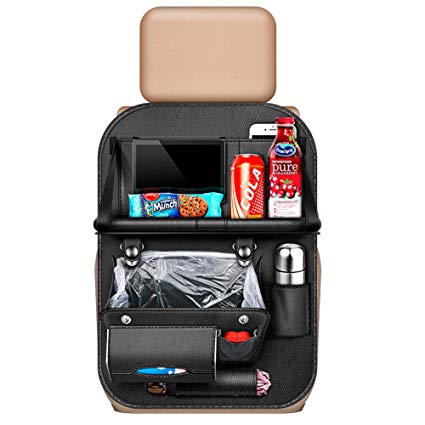 Ideashop Car Back Seat Organizer with Foldable Table Tray & Trash Can PU Leather Auto Backseat Car Organizer for Kids Toy Bottles Storage Adjustable Straps Tissue Box Ipad Tablet Holder Kick Mat