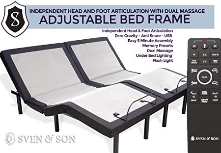 Twin XL Adjustable Bed Base, 5 Minute Assembly, USB Ports, Zero Gravity, Anti Snoring Interactive Dual Massage, Wireless, Classic by Sven & Son (Twin XL, Adjustable Base Only)