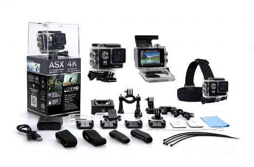 ASX ActionPro Black - 4K Ultra HD Wifi Sports Cam - 2-Inch Screen - 12MP Super Wide Angle Lens - 20 Accessories Included