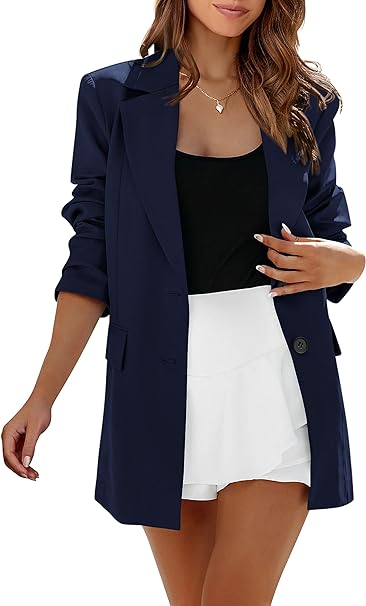 MASCOMODA Casual Blazer Jacket for Women 2023 Fall Long Sleeve Open Front Button Work Office Suit Jacket with Pockets