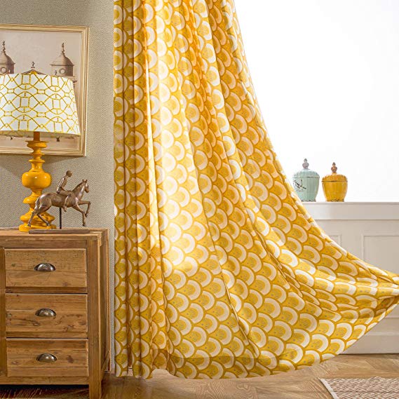 VOGOL Thermal Insulated Window Room Grommet Curtain Drapes for Bedroom and Living Room, Set of 2 Panels, W52 x L84 inch,Yellow Geo Patten in White