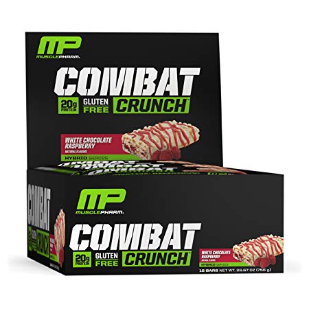 MusclePharm Combat Crunch Protein Bar, Multi-Layered Baked Bar, Gluten-Free Bars, 20 g Protein, Low-Sugar, Low-Carb, Gluten-Free, White Chocolate Raspberry Bars, 12 Servings
