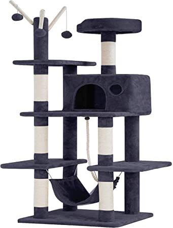 BestPet Cat Tree Tower Condo Playground Cage Kitten Multi-Level 56 inches Activity Center Play House Medium Scratching Post Furniture Plush Perches with Hammock (Grey)