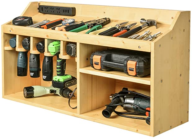 Power Tools Storage Organizers and Cabinets, Drill Charging Station, 5 Drill Hanging Slots, Wall Mount Impact Drivers Storage Dock with Widened Room for Circular Saw, Impact Wrench, Screwdriver Drill