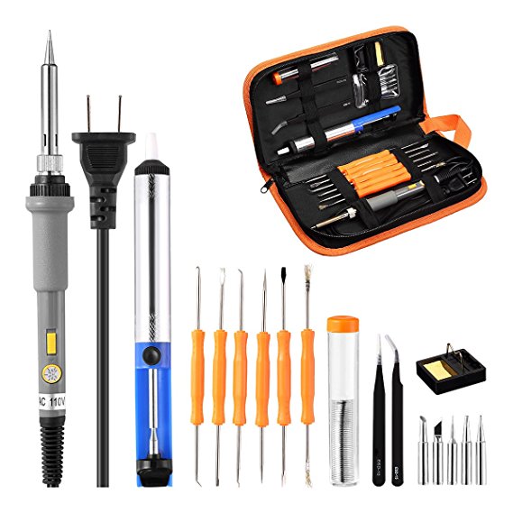 Powerextra 18PCS Soldering Iron Kit, Soldering Iron, 60W 110V Adjustable Temperature Controlled Soldering Iron, 6pcs Welding Tool, Solder Sucker, Soldering Iron Stand, Solder Wire, Tweezer