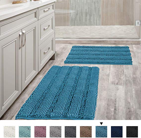 Bathroom Rugs Slip-Resistant Extra Absorbent Soft and Fluffy Thick Striped Bath Mat Non Slip Microfiber Shag Floor Mat Dry Fast Waterproof Bath Mat (Set of 2-20" x 32"/17" x 24")