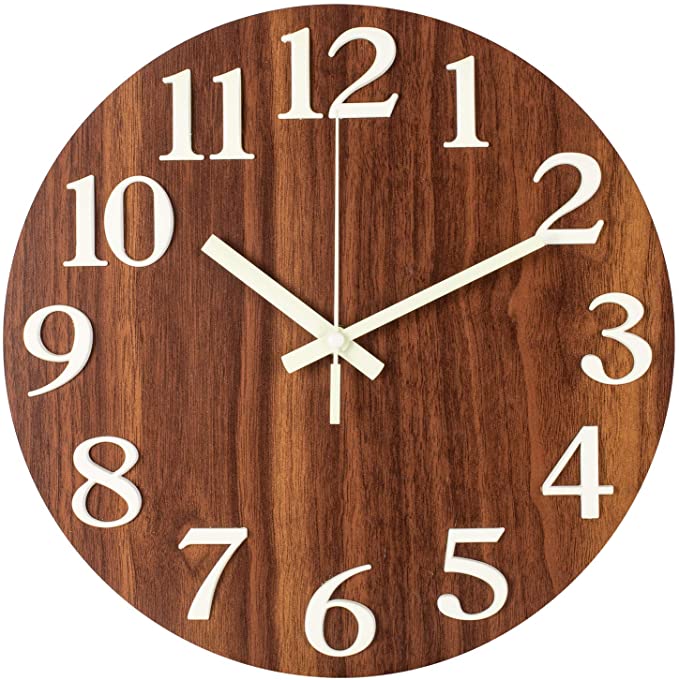 BEW Luminous Wall Clock, Large Classic Numerals Silent Non-Ticking Battery Operated, Retro Decorative Clock for Living/Dining/Kids Bedroom/Kitchen (12 Inch Wood Grain)