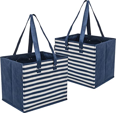 PLANET E Reusable Collapsible Grocery Shopping Bags with Reinforced Bottom Durable and Eco Friendly (2 Pack, Stripped Blue)