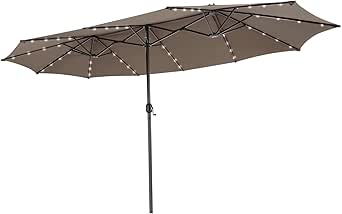 COSTWAY Parasol de Jardin Double 470 x 280 CM avec 48 LED à Énergie Solaire, Parasol Extra Large avec Manivelle, Parasol Jumeau avec Évents et Panneau Solaire à Chargement Automatique