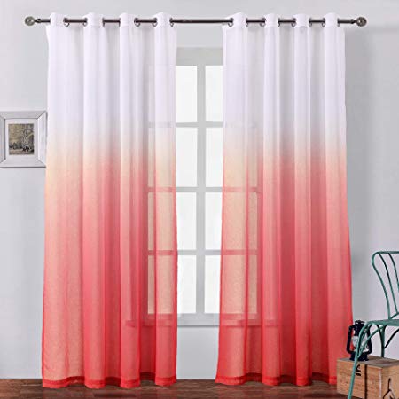 Faux Linen Sheer Curtains Voile Grommet Semi Sheer Curtains for Bedroom Living Room Set of 2 Curtain Panels 54 x 84 inch Red Gradient