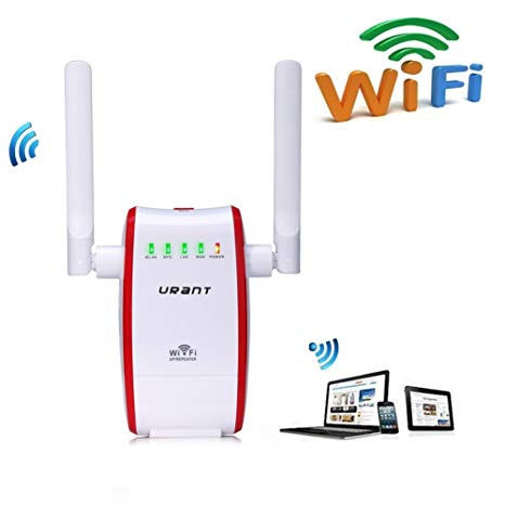 URANT 300Mbps Wifi Range Extender, Repeater, Signal Booster, Long Range Mini Router Wireless Access Ponit Wifi Hotspot 3 in 1 Mode with 2 Ethernet Port, Wall Plug, 2 External Antenna, WPS Button-Red