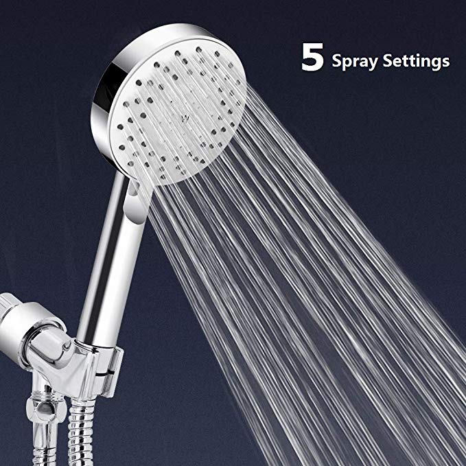 Handheld Shower Head, Wodgreat High Pressure 5 Settings Powerful Spray Head with Flexible 60 Inch Stainless Steel Hose, Adjustable Swivel Ball Bracket Mount, No Leaking, Easy to Install, Chrome