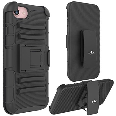 iPhone 7 Case, LK [Heavy Duty] Black Armor Holster Defender Full Body Protective Hybrid Case Cover with Belt Swivel Clip for Apple iPhone 7