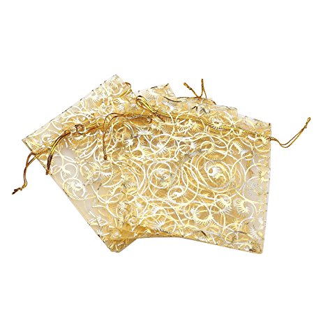 Anleolife 100pcs Gold Sheer Organza Wedding Favor Bags Jewelry Gift Bags Bathroom Soaps Nail Polish Potpourri Organzer Business Samples Display Drawstring Pouches Party Baby Shower Favors 4.7x3.5 inch(gold with print)