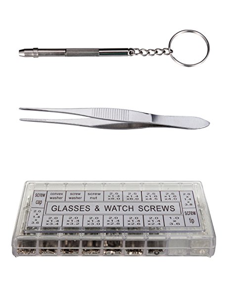 Eyeglass Repair Kit, Micro Eyeglass Sunglass Spectacles Watch Tiny Screws Nut Stainless Steel Screws, Screwdriver, Tweezers