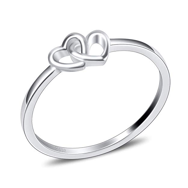 Double Heart Rings, Sterling Silver Thin Rings, Stackable Ring for Women and Girls in Size6/7/8/9/10
